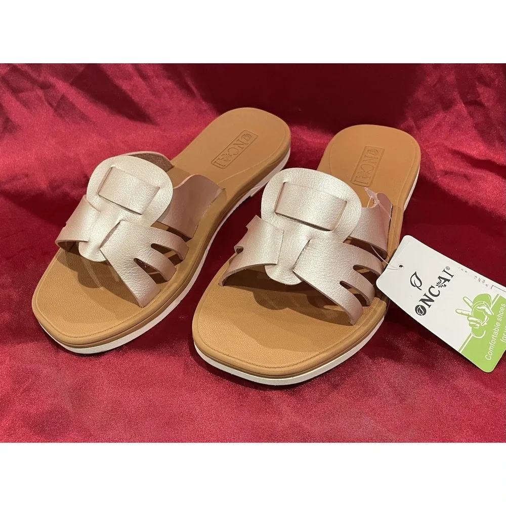 ONCAI Womens Sandals,Flat Dressy Square Toe Summer Beach Slides for Ladies‎ 7.5